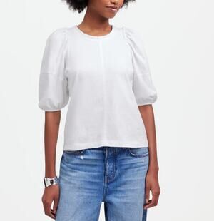 Madewell Puff-Sleeve Tee Womens M White Crew Neck Cotton Relaxed Fit Ruffle Trim